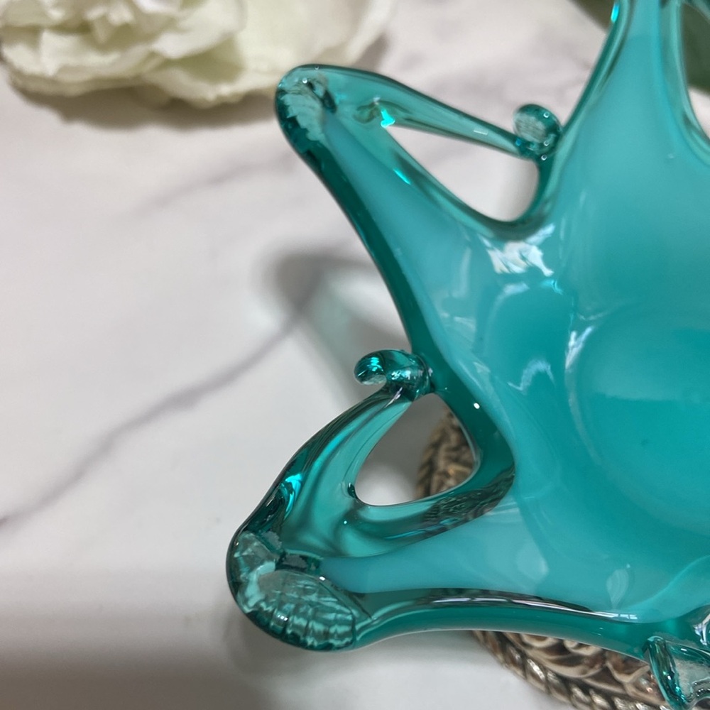 Small Murano Footed Glass Bowl Dish Glass Trinket Tray With Silver Fruit Stand - Picture 8 of 17